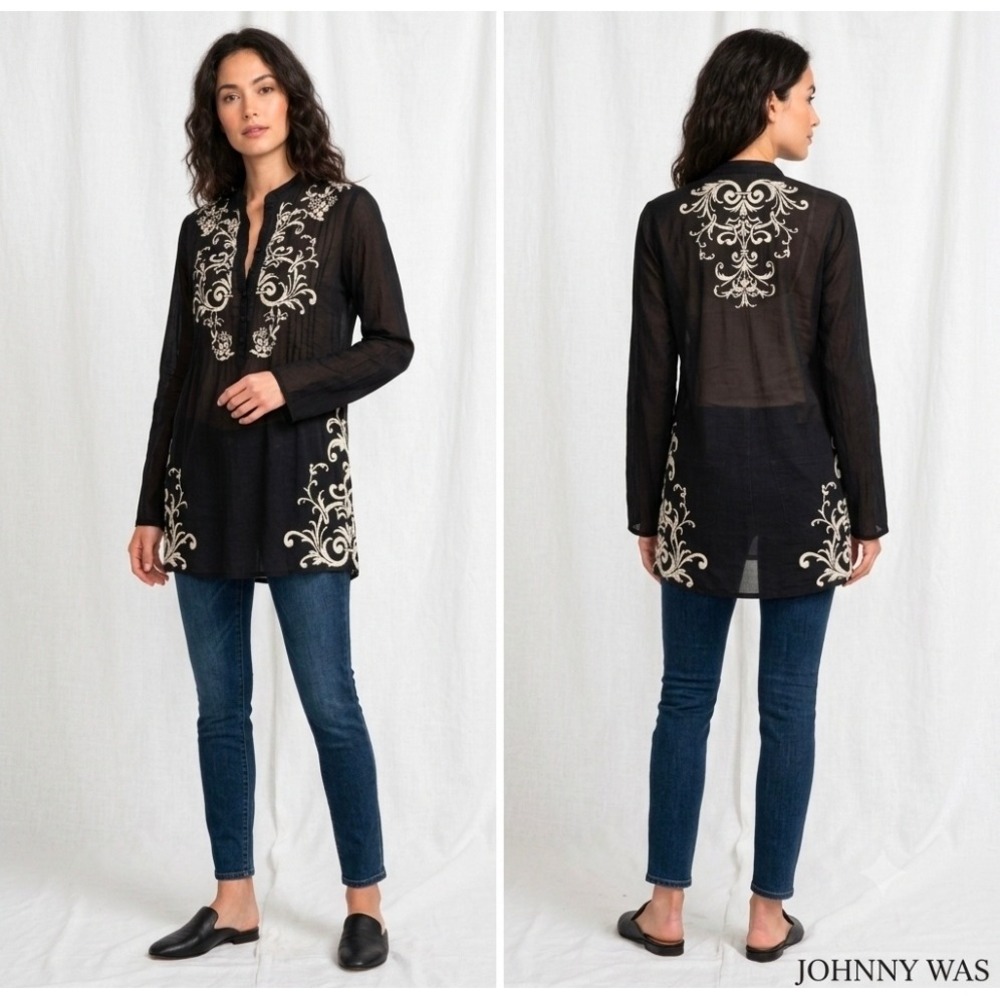 Johnny Was Tunic Top Small Black Ivory Floral Embroidered Cupra Rayon Boho
